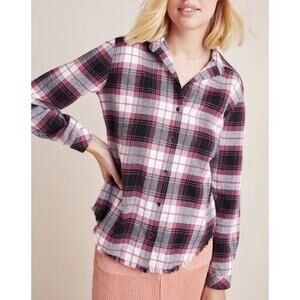 Anthropologie Cloth & Stone Plaid Button Down Flannel Shirt Top Fringe Hem Small
